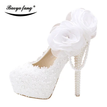 BaoYaFang/ Женски сватбени обувки с бели цвете, вечерни модел обувки за булката, дамски обувки на платформа и висок ток, дамски лейси ръчно изработени обувки