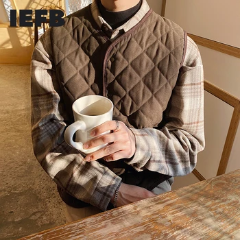 IEFB есенно-зимния сгъсти памук жилетка в клетката, без ретро корейски модерен топла жилетка, всекидневни основен жилетка, мъжки нов 9Y4574