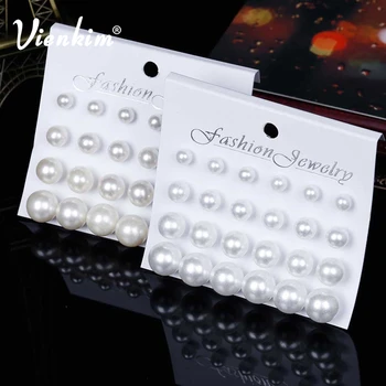 Vienkim Juego de pendientes para mujeres 12 pares de perlas de imitación blancas joyería en la oreja de botón против bola kit