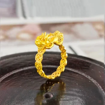 В момента Пръстен От Жълто Злато 24-КАРАТОВО Щастливата Монета Pixiu Пръстен 3D Занаят Бижута е най-Добрият Подарък
