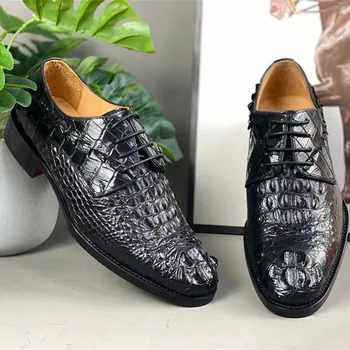 Дизайнерски мъжки вечерни модела обувки от естествена Крокодилска кожа с кръгло бомбе, мъжки Oxfords дантела от естествена Кожа на алигатор