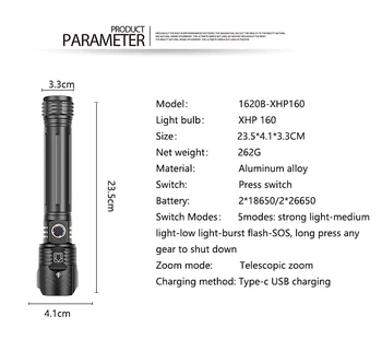 Най-ярък led Фенерче XHP160 USB Акумулаторни Фенери Водоустойчив Факел Мащабируем Лампа За Къмпинг Работен Светлина Изображение 2