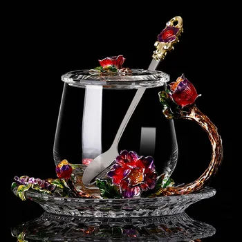 Червено Цвете Емайла стъклени чаши за кафе чаени чаши са ръчно изработени от топлоустойчиви чаши чаша за вода, посуда за напитки подарък любовник Послеобеденная чаена чаша Изображение 3